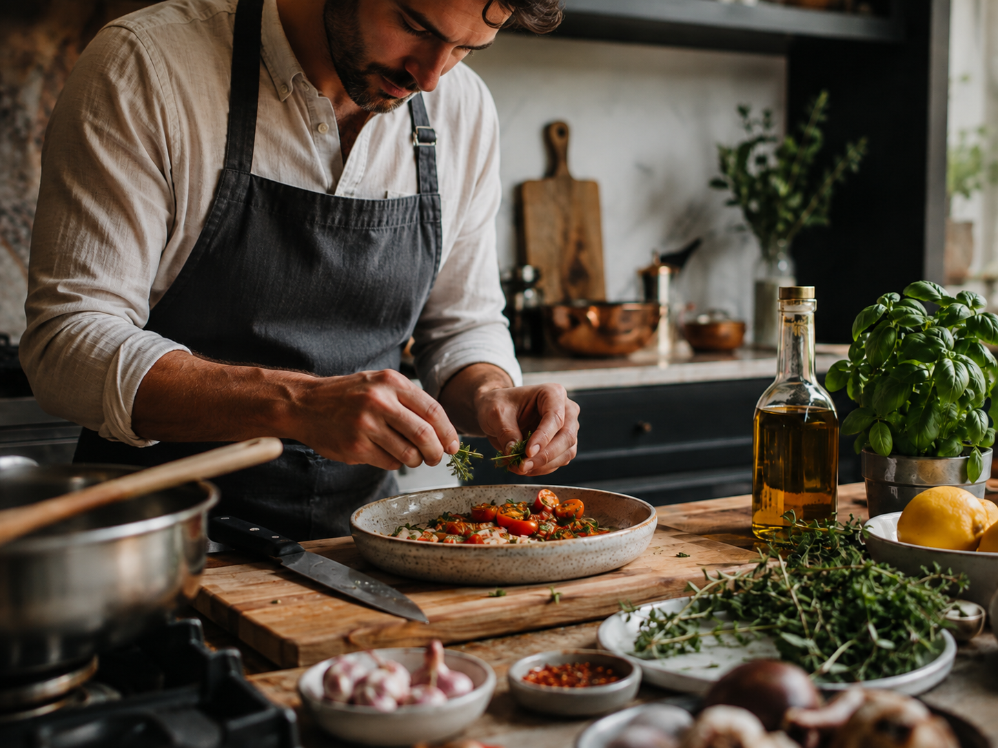 Rustic Mediterranean pasta prepared in a warm kitchen