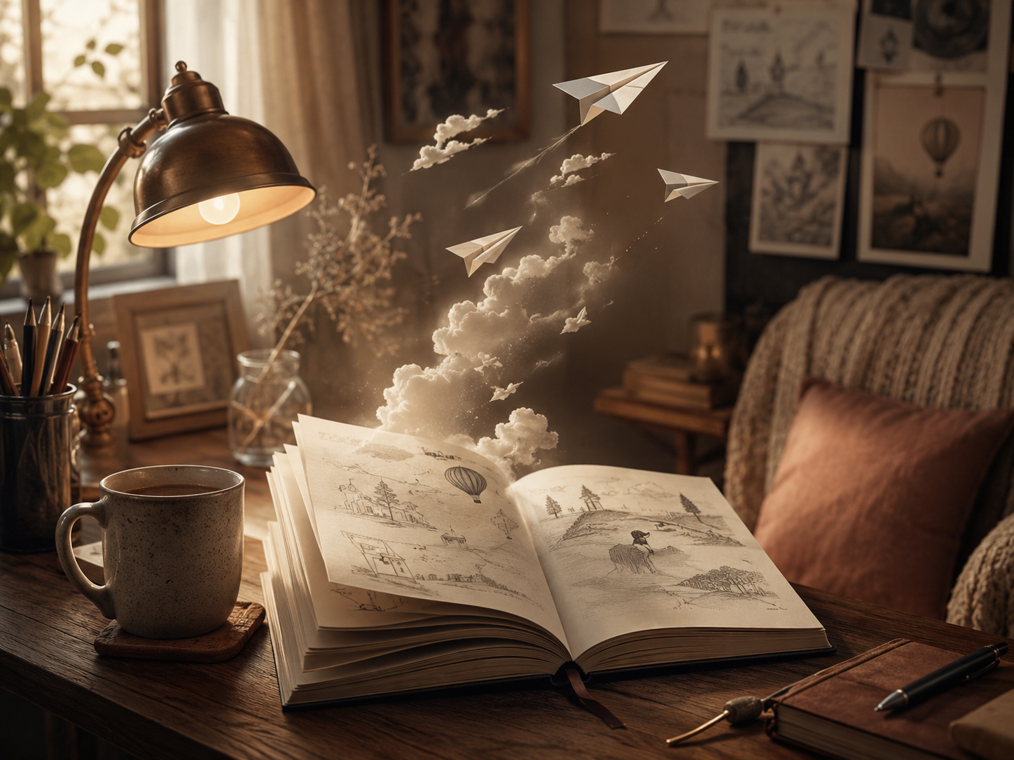 Dreamlike ideas drifting out of a sketchbook beside a window