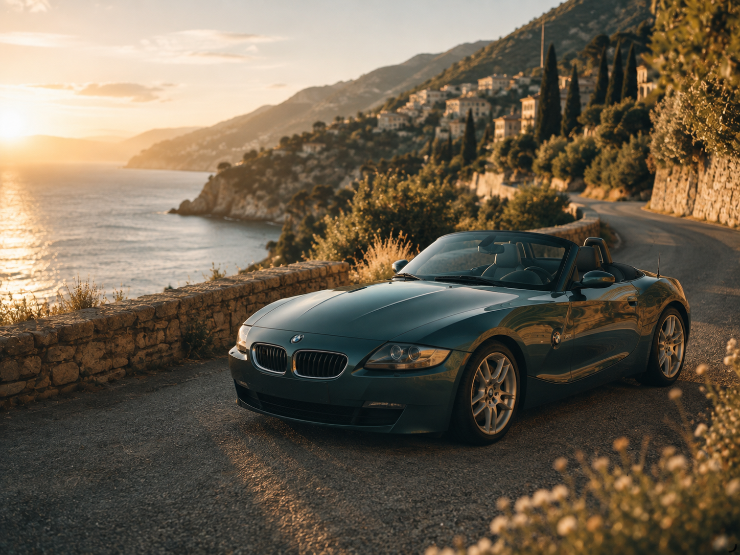 Vintage roadster following a golden-hour coastal road