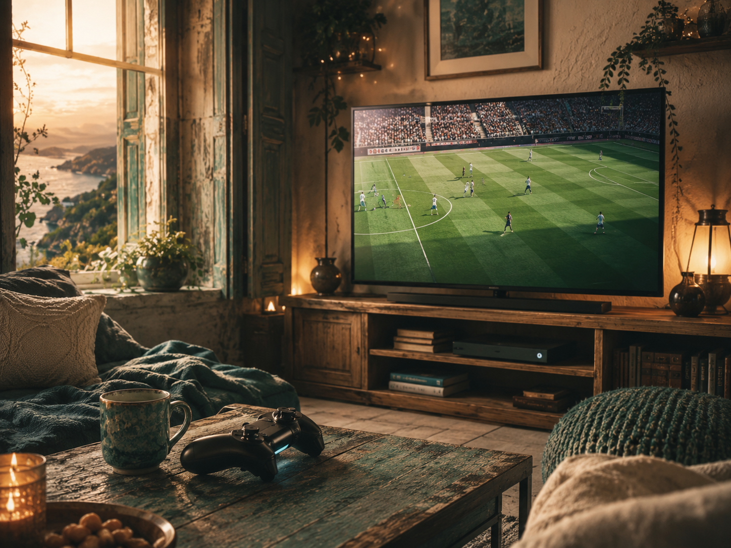 Cozy cinematic gaming room at night