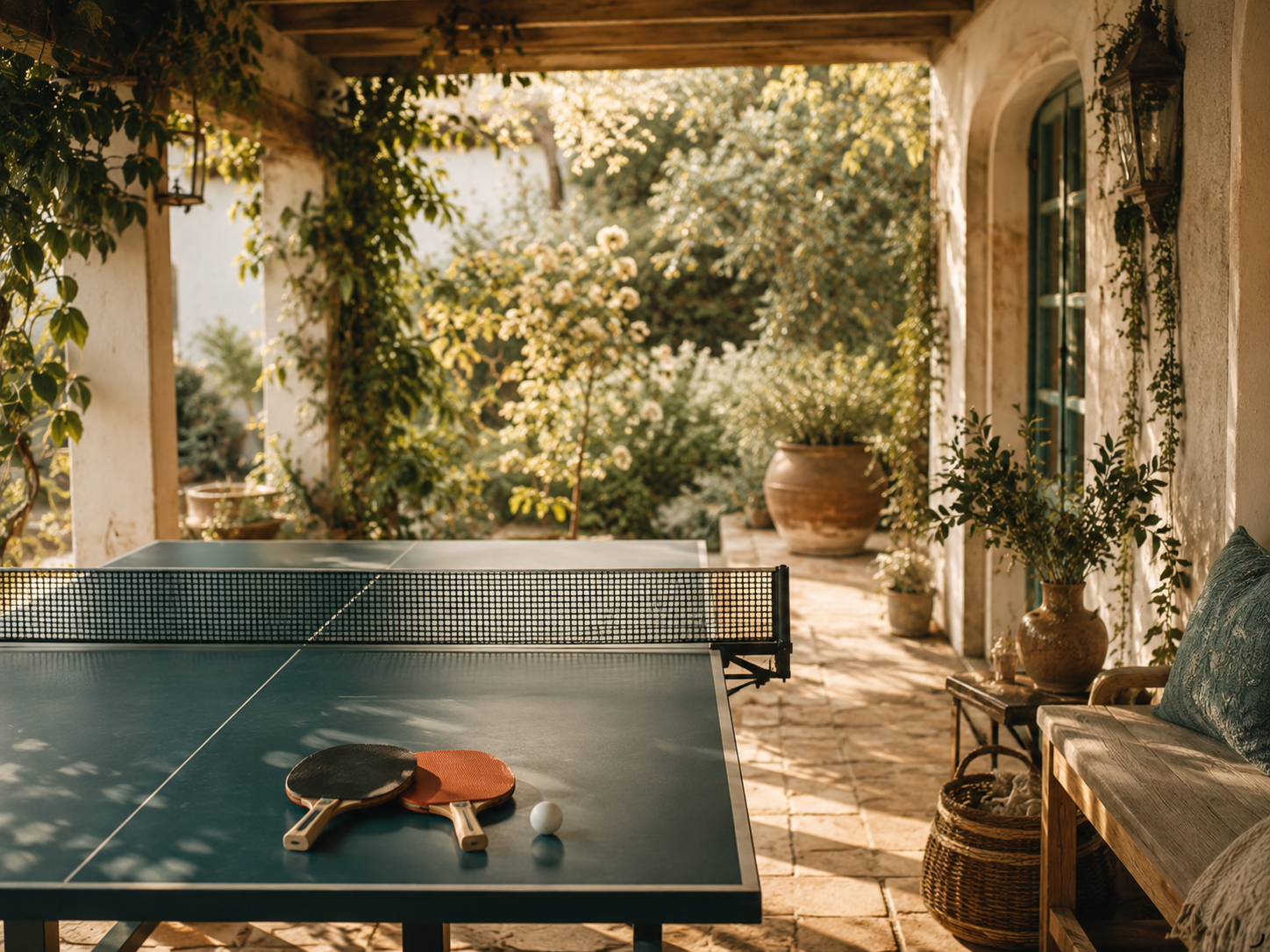 Table tennis paddles on a sunlit Mediterranean terrace
